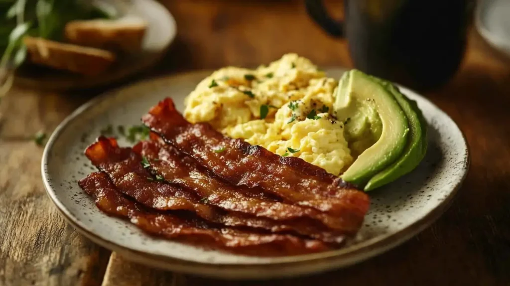 Crispy beef bacon withavocado served in a ceramic plate