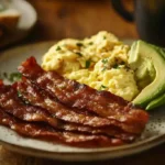Crispy beef bacon withavocado served in a ceramic plate