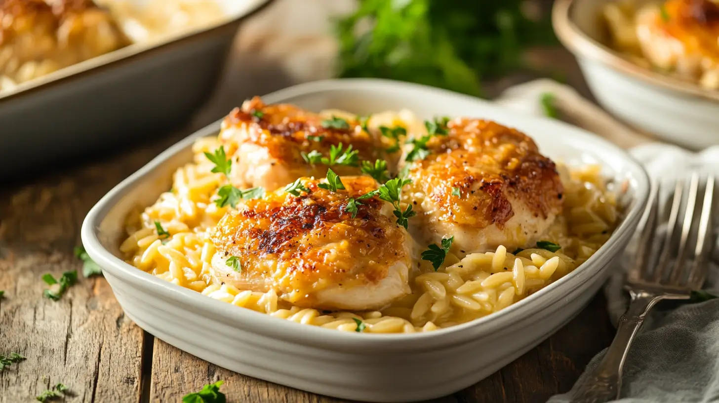 Simple chicken orzo bake served in a rustic dish.
