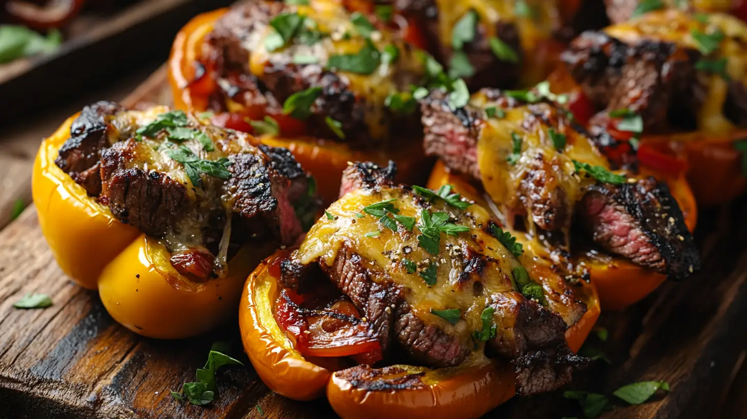 Steak and Cheese Stuffed Peppers on a Rustic Wooden Table