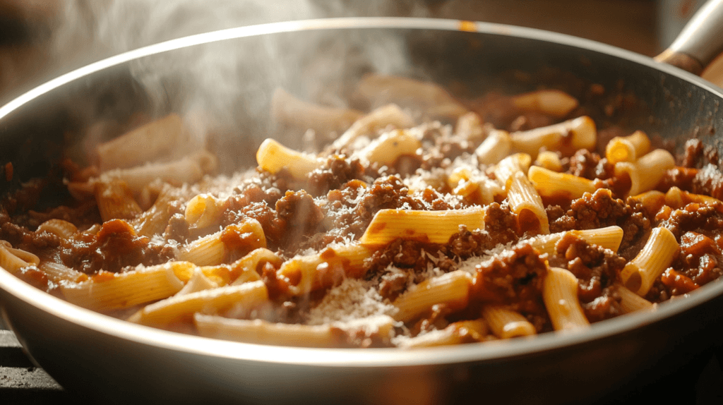 Pasta being tossed with beef and tomato sauce in a skillet.