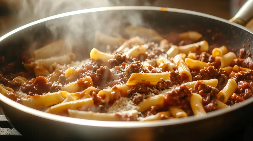 Pasta being tossed with beef and tomato sauce in a skillet.
