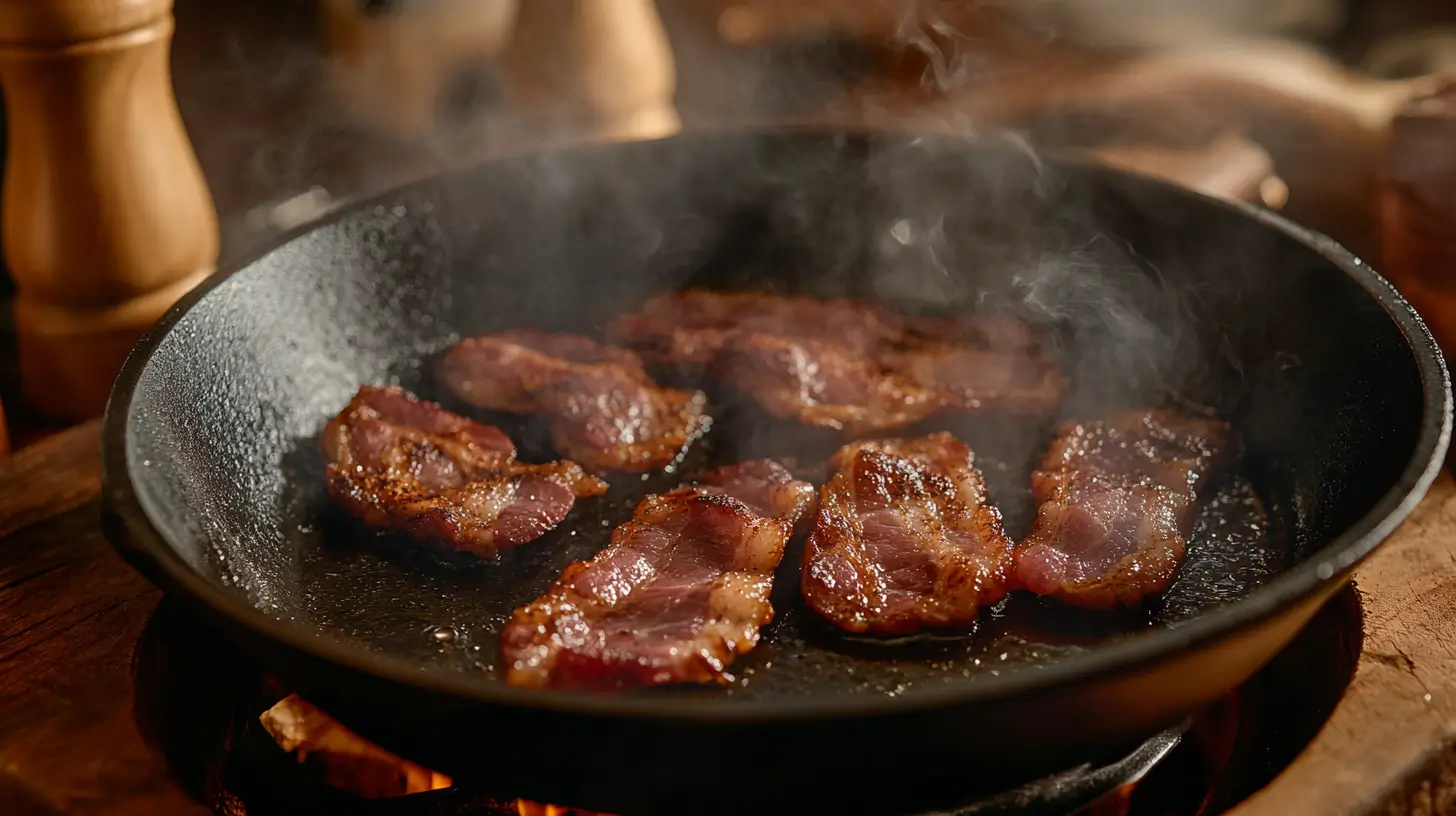 Crispy beef bacon sizzling in a skillet