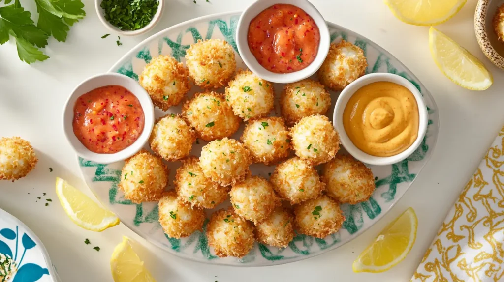 Crab balls served with dipping sauces and lemon wedges