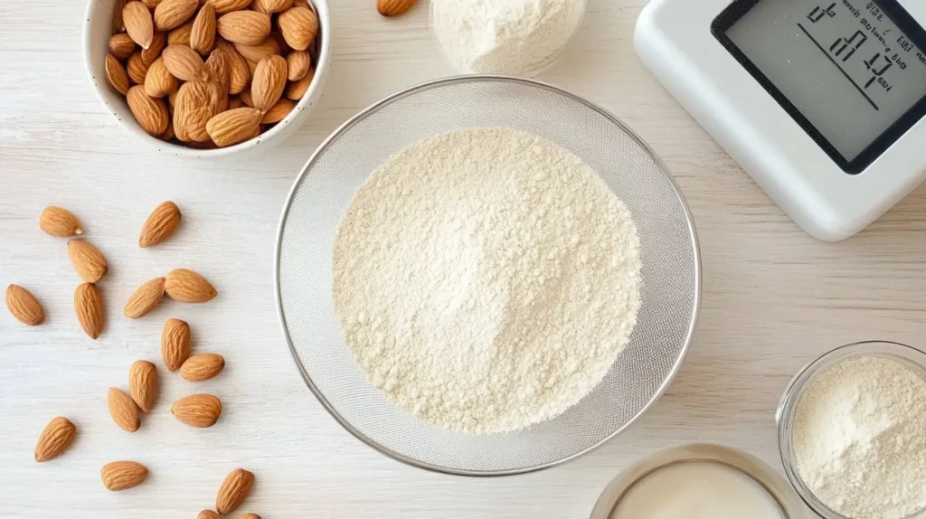 Baking tools for almond flour, including a digital scale