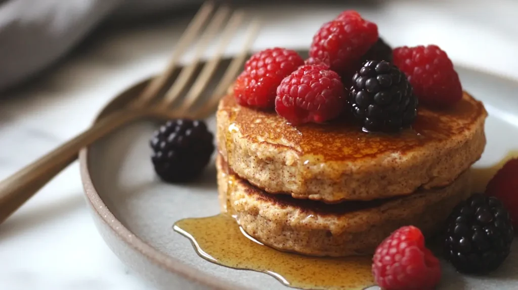 almond flour pancakes with fresh berries and honey