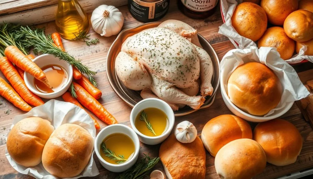 Essential ingredients for crispy baked chicken and rolls Essential ingredients for crispy baked chicken and rolls