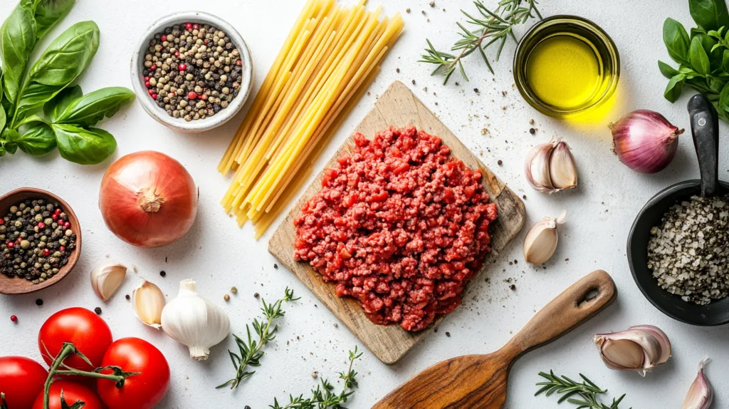 Ingredients for hamburger beef pasta recipe on a white countertop.