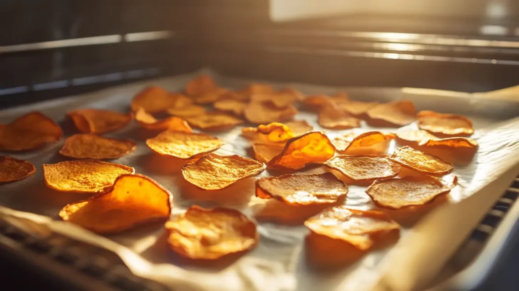 Sweet potato chips baking in the oven on parchment paper