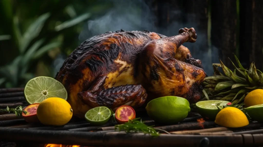 Jerk turkey grilling with smoky flavors