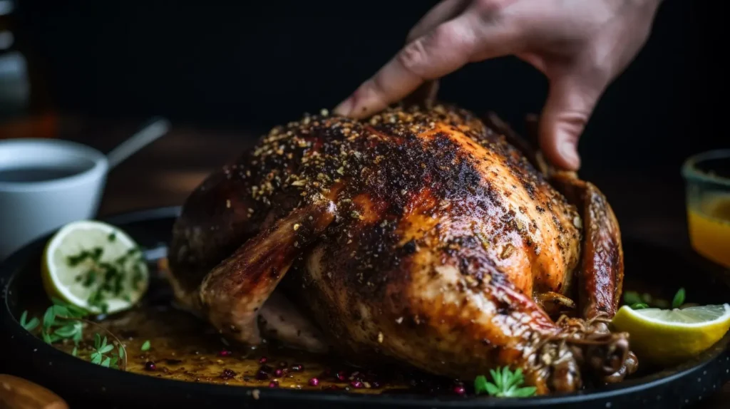 Hands marinating turkey with jerk seasoning