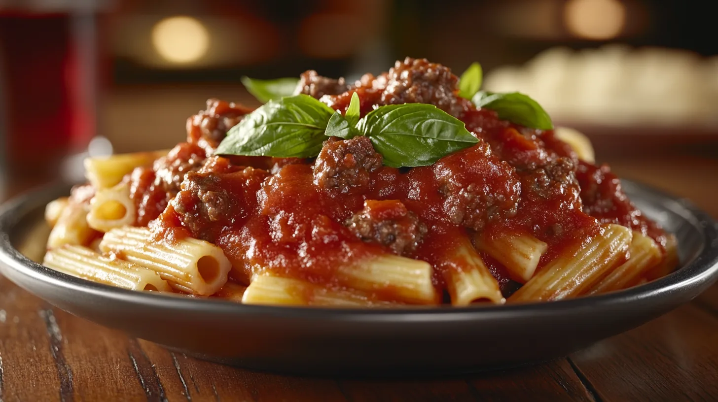 Hearty hamburger beef pasta with tomato sauce and basil.