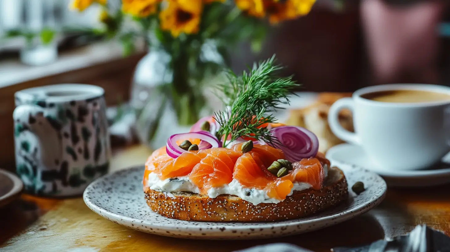 Breakfast bagel with smoked salmon, cream cheese, and capers