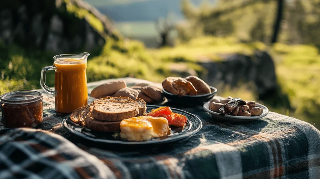 Scottish breakfast with tattie scones and haggis compared to Irish breakfast with soda bread and black pudding, served on rustic plates.