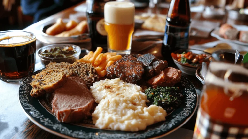 Scottish breakfast with tattie scones and haggis alongside an Irish breakfast featuring soda bread and black pudding, beautifully arranged.