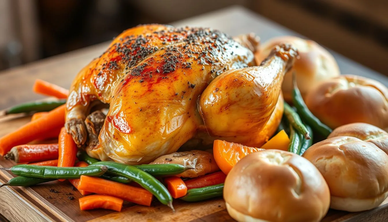 roasted chicken with vegetables and rolls