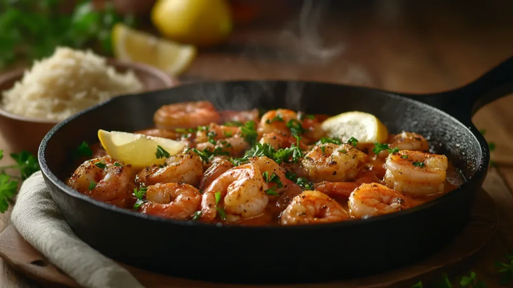 Spicy Cajun shrimp sizzling in a cast-iron skillet with garlic butter sauce.