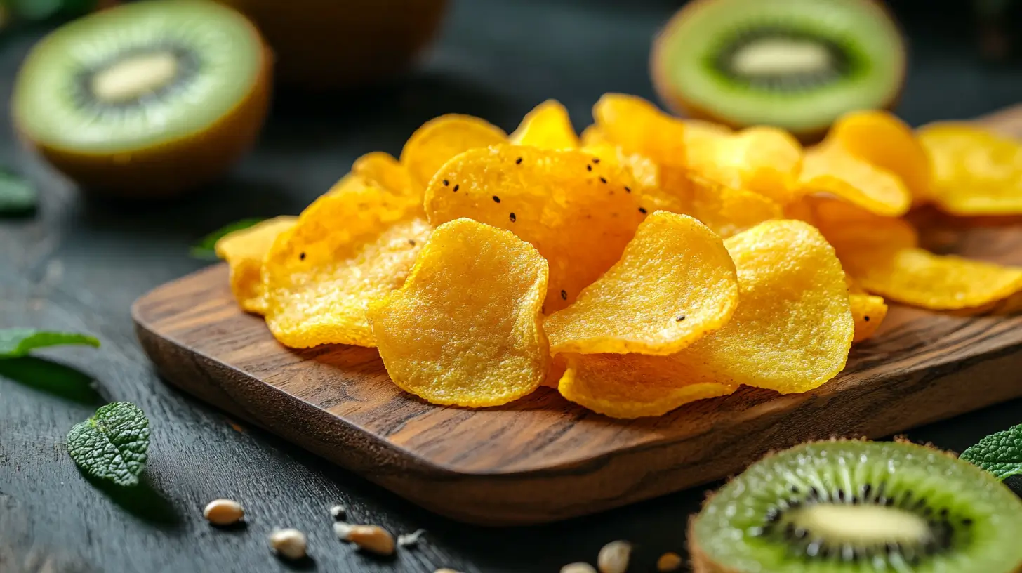Golden kiwi chips on a wooden board with fresh golden kiwis
