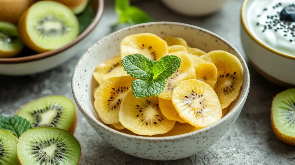 Bowl of golden kiwi chips with fresh mint leaves
