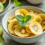 Bowl of golden kiwi chips with fresh mint leaves