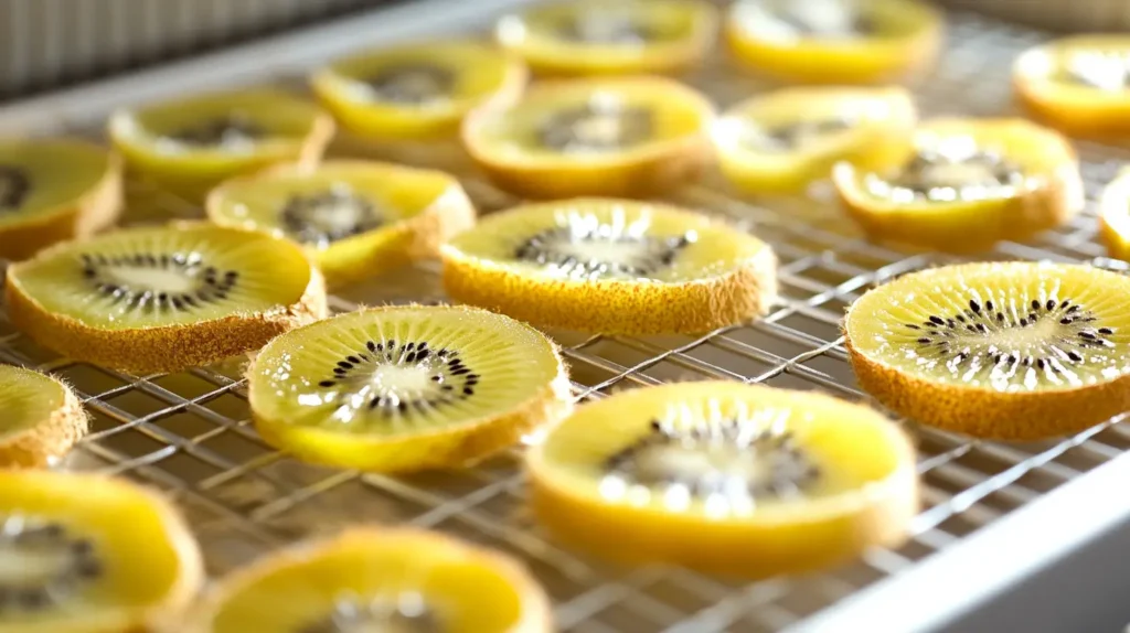 Sliced golden kiwis on dehydrator trays ready to dry